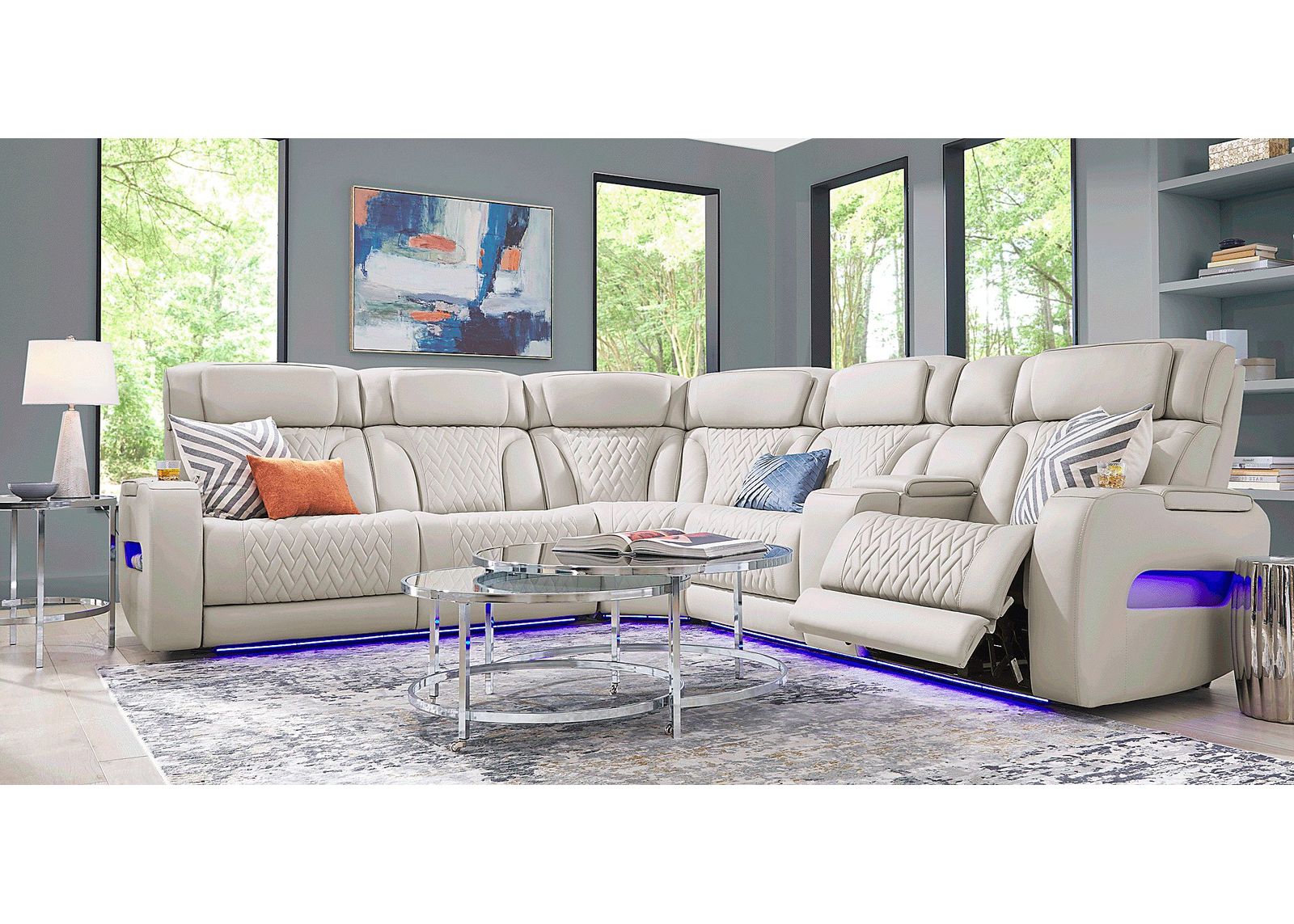 Encore Gray Leather 6 Pc Triple Power Reclining Sectional Living Room