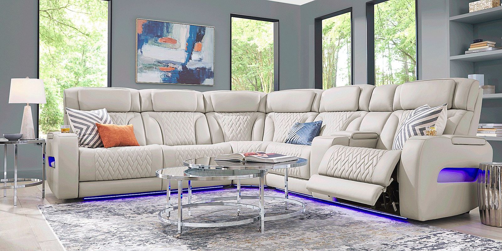 Encore Gray Leather 6 Pc Triple Power Reclining Sectional Living Room