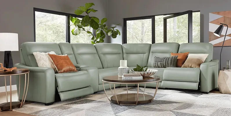 Newport Mint Leather 9 Pc Dual Power Reclining Sectional Living Room