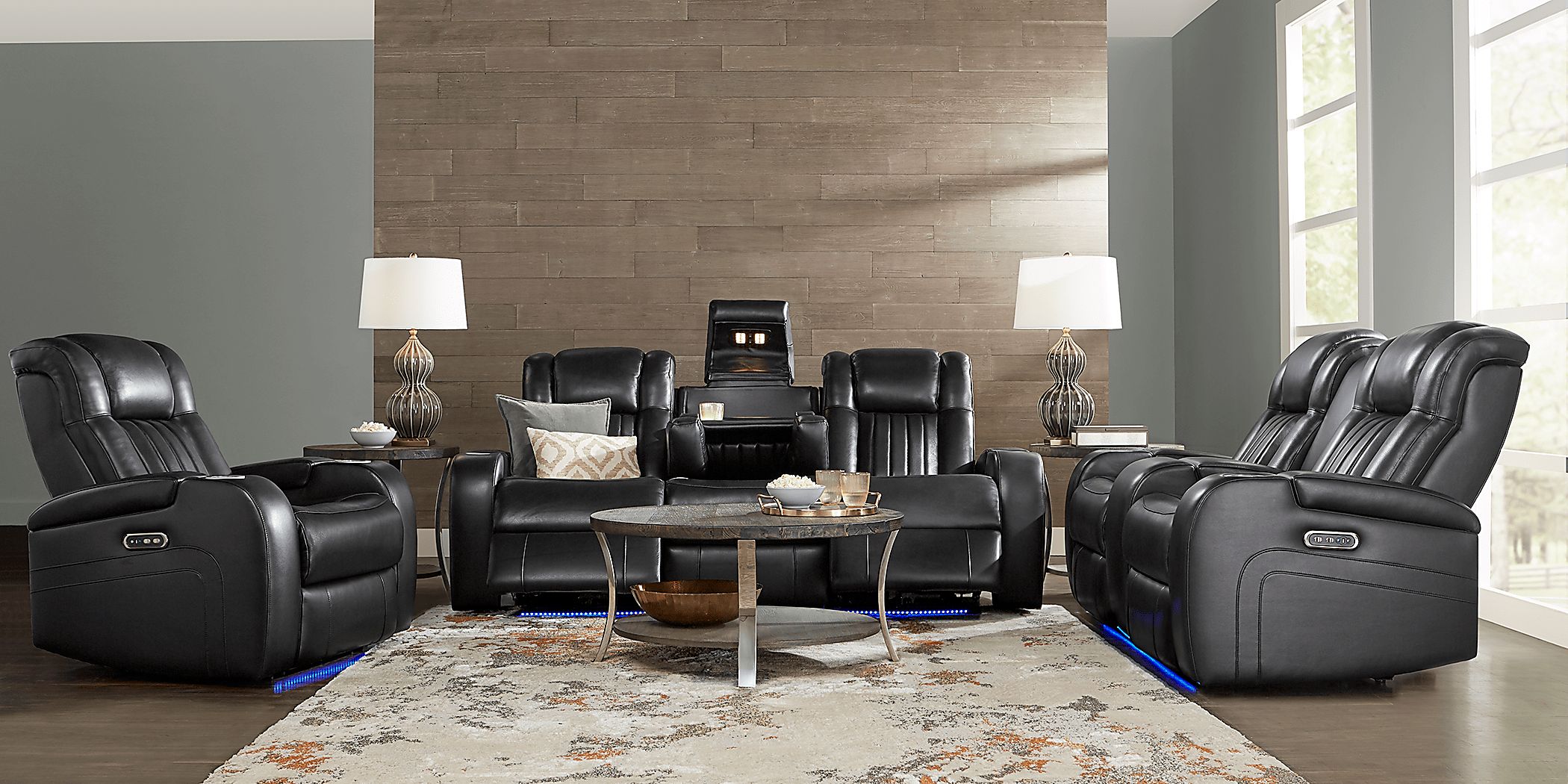 Cenova Black Leather 3 Pc Living Room with Dual Power Reclining Sofa