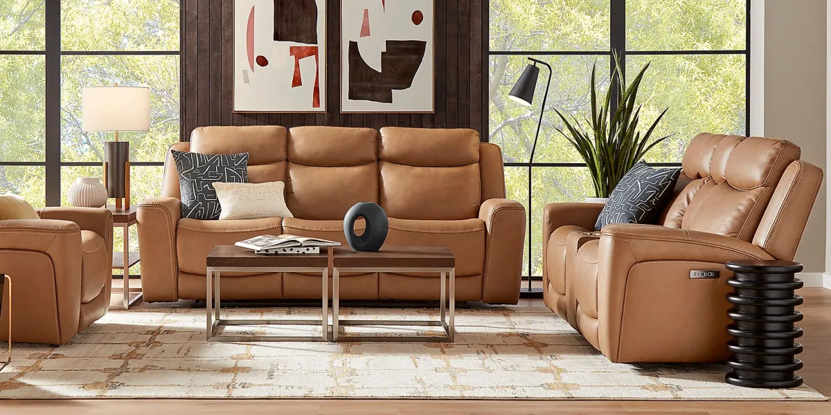 Davidson Caramel Leather 7 Pc Dual Power Reclining Living Room