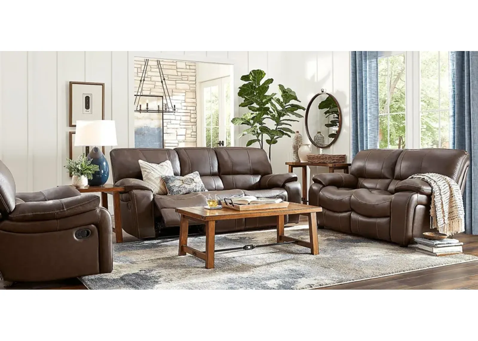 San Gabriel Brown Leather 3 Pc Living Room with Reclining Sofa