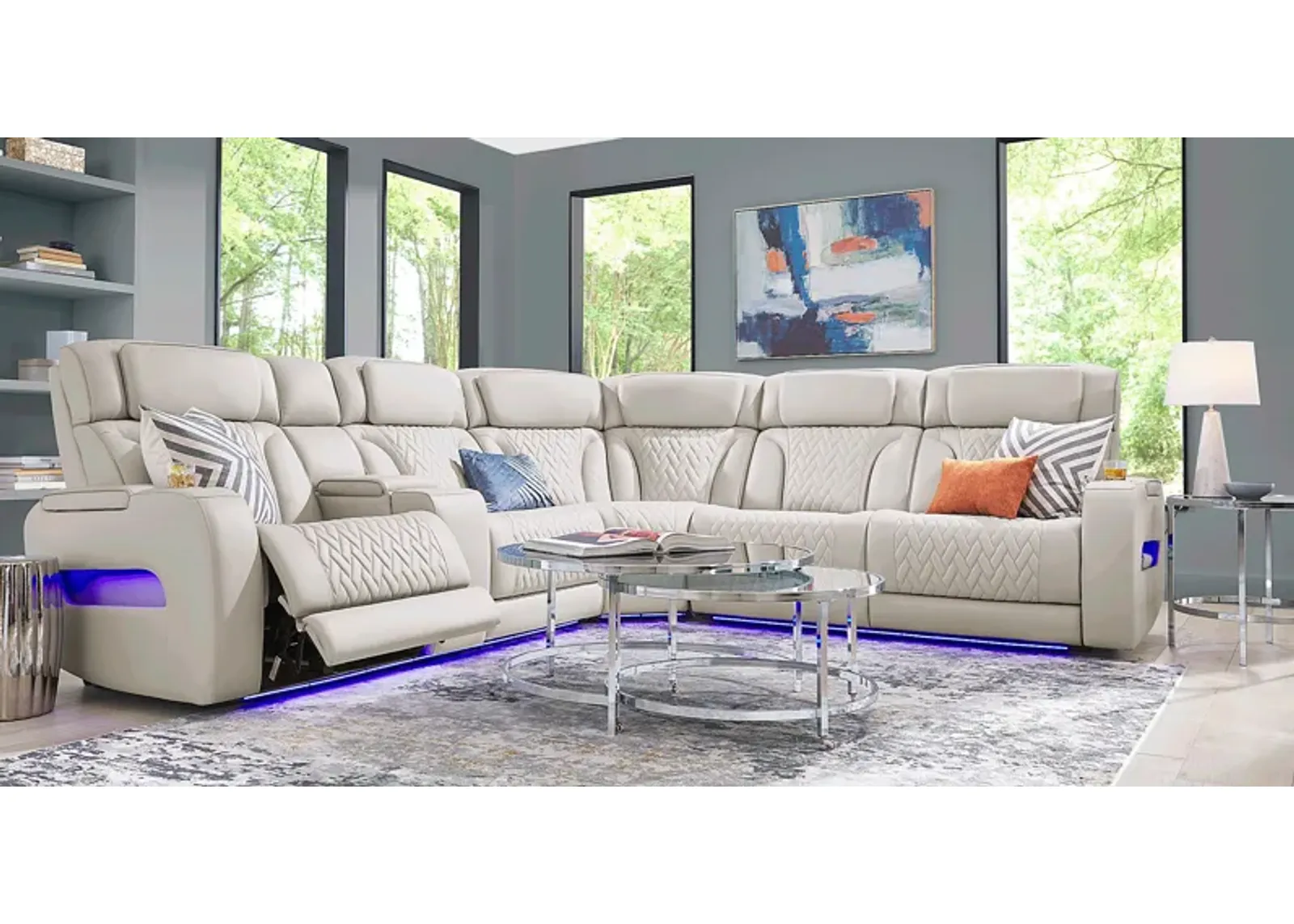 Encore Gray Leather 6 Pc Triple Power Reclining Sectional Living Room