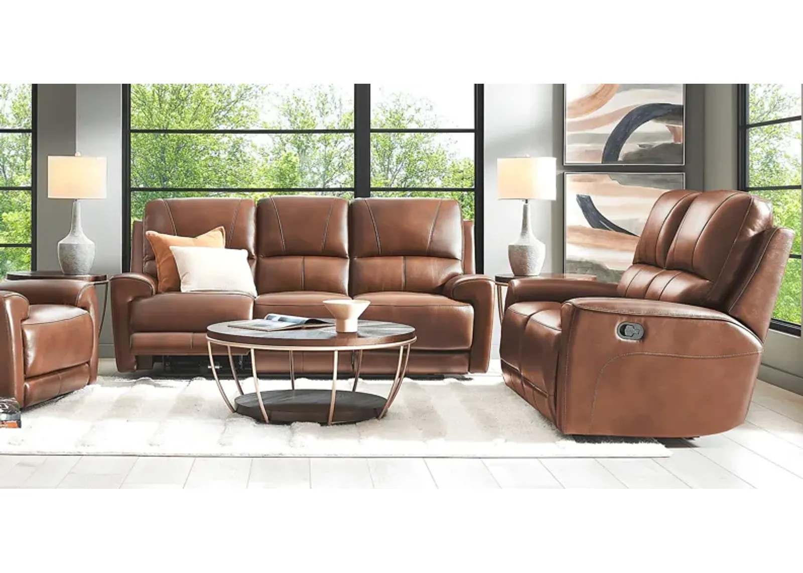 Fremont Brown Leather 5 Pc Living Room with Dual Power Reclining Sofa