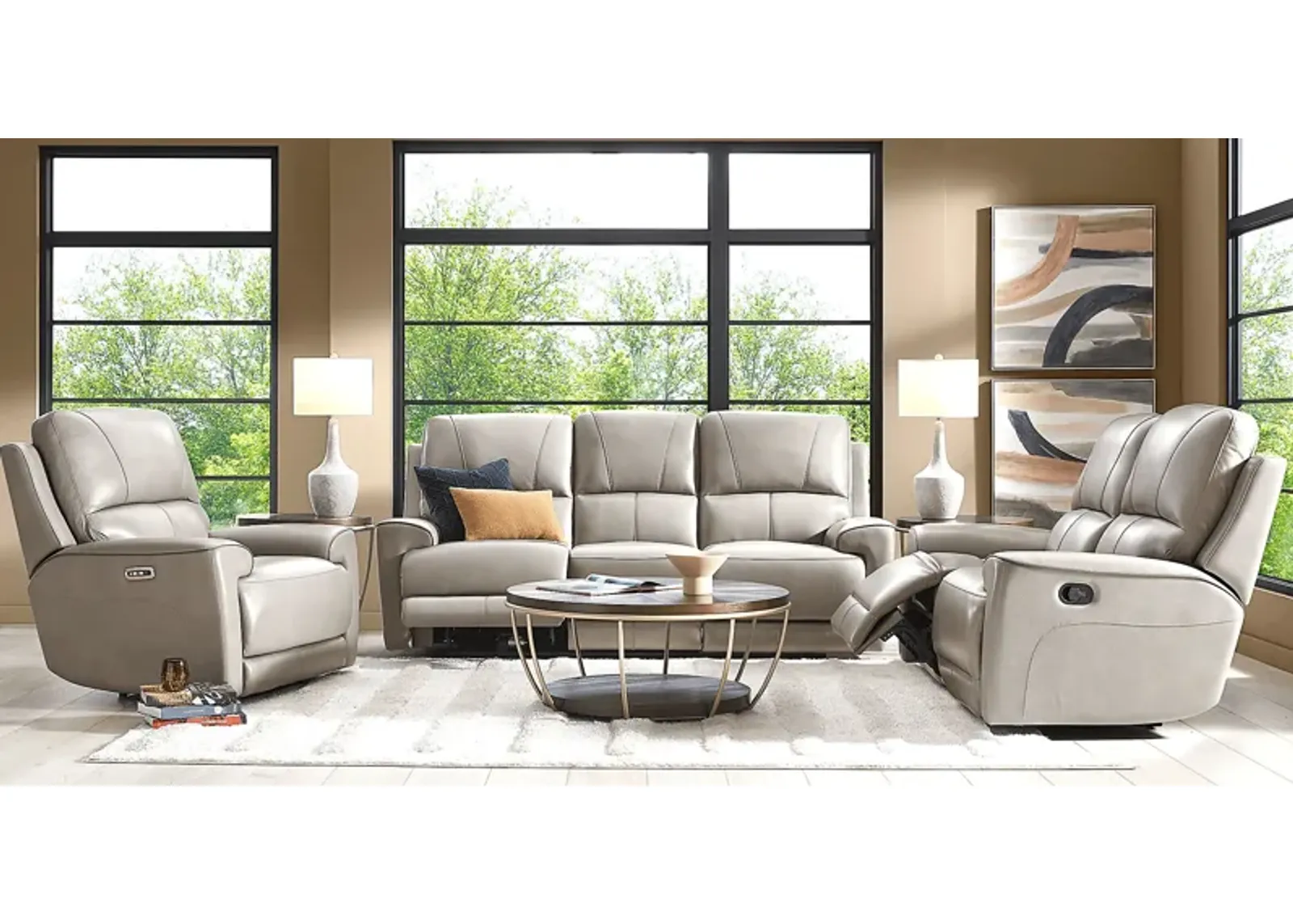 Fremont Gray Leather 5 Pc Living Room with Dual Power Reclining Sofa