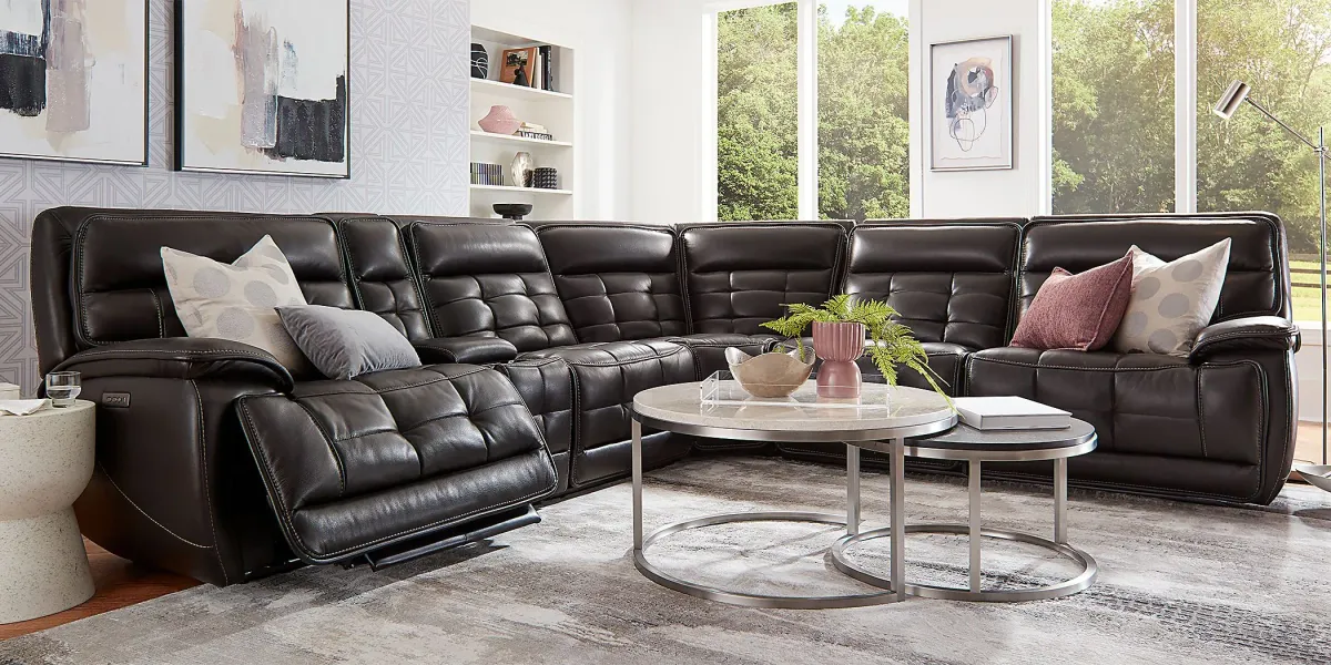 Pacific Heights Black Cherry Leather 7 Pc Dual Power Reclining Sectional Living Room