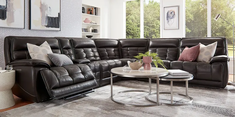 Pacific Heights Black Cherry Leather 7 Pc Dual Power Reclining Sectional Living Room