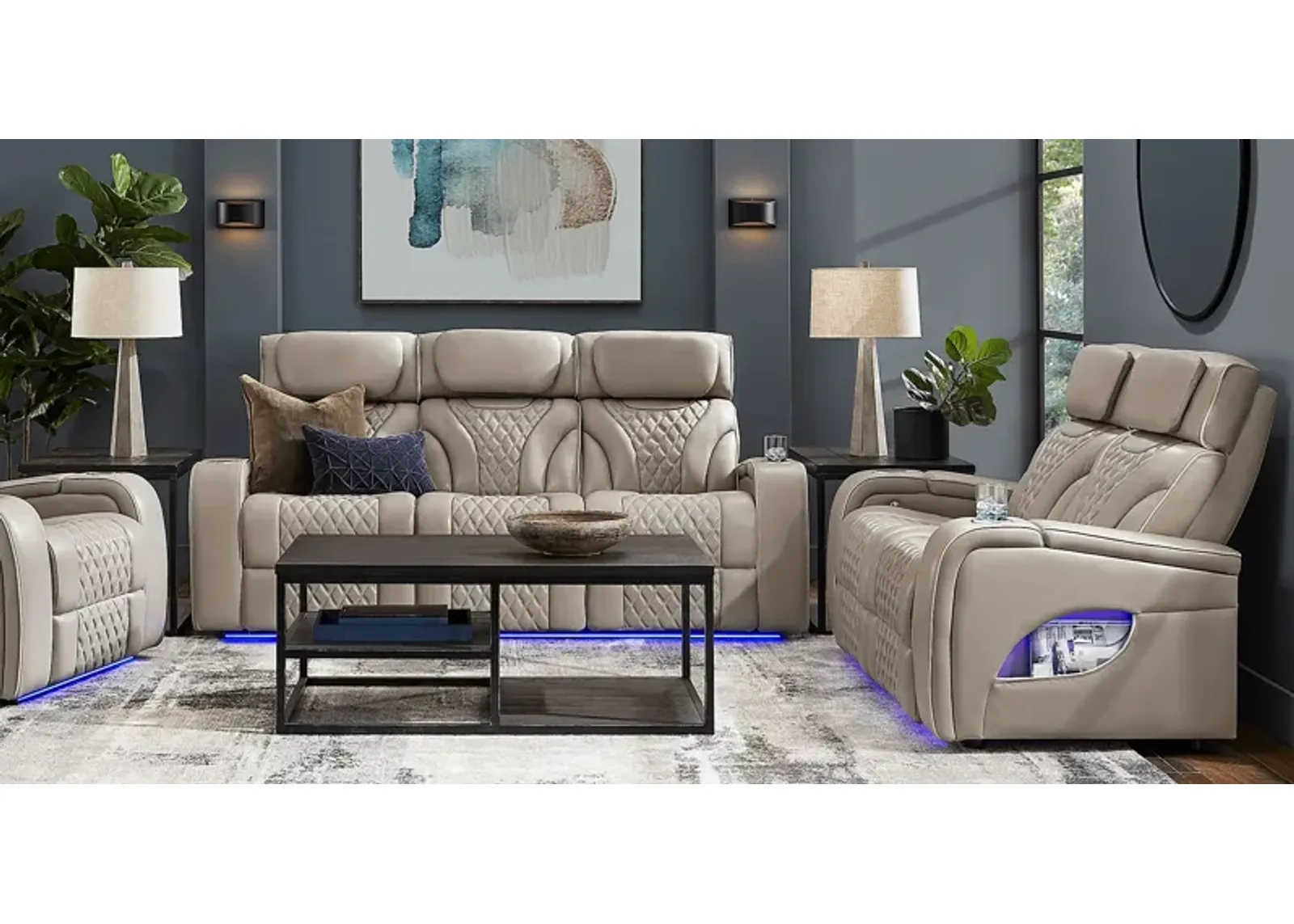 Horizon Ridge Beige Leather 6 Pc Living Room with Triple Power Reclining Sofa