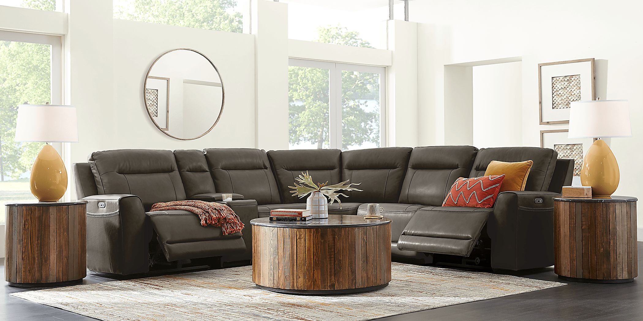 Bargotti Charcoal Leather 6 Pc Dual Power Reclining Sectional
