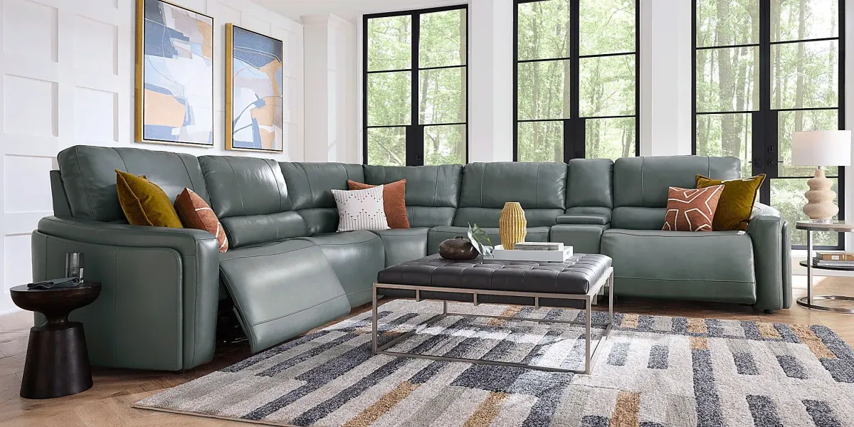 Cascade Way by Shaquille O'Neal Home Blue Leather 6 Pc Dual Power Reclining Sectional