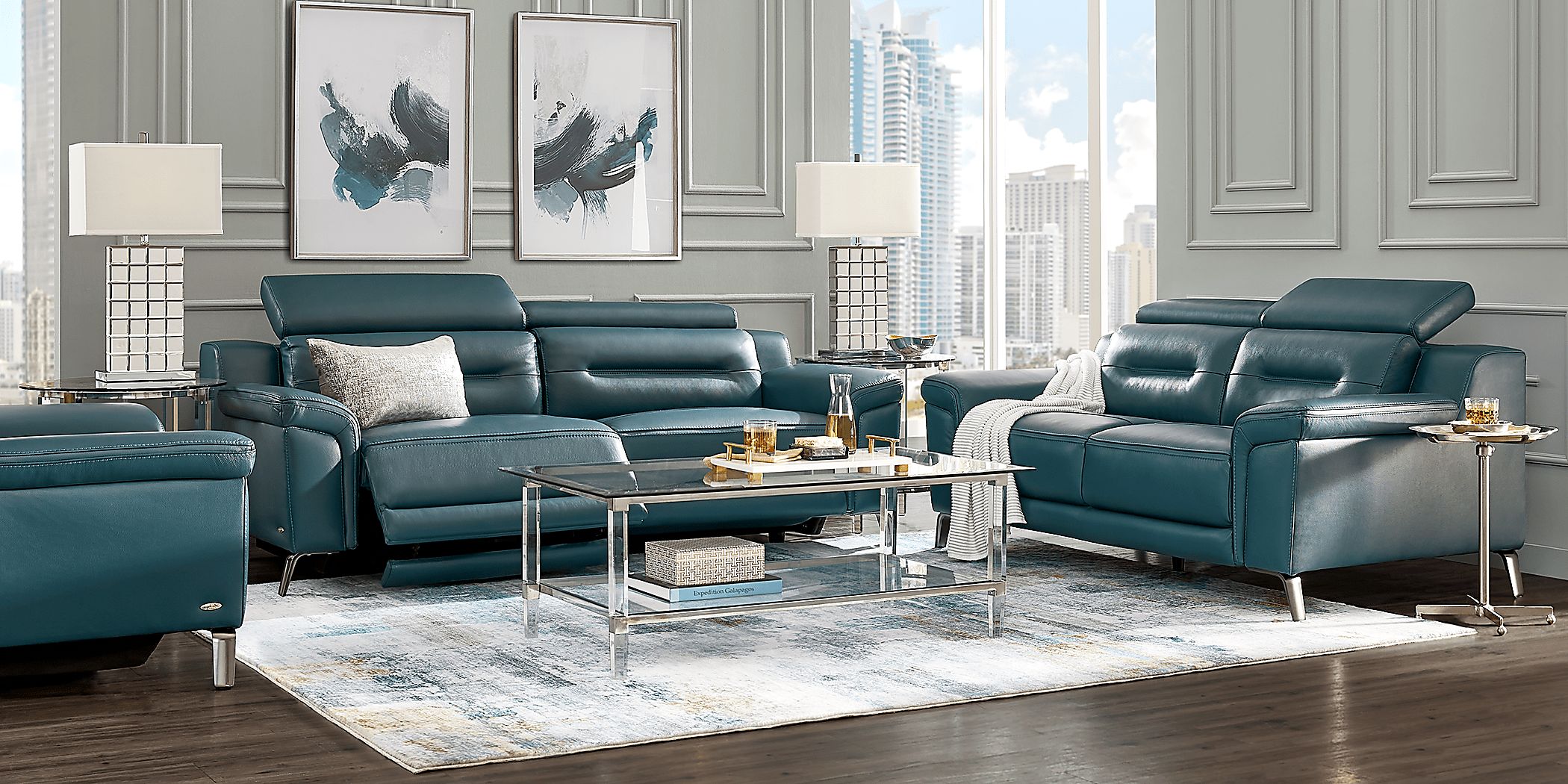 Castella Teal Leather 8 Pc Dual Power Reclining Living Room