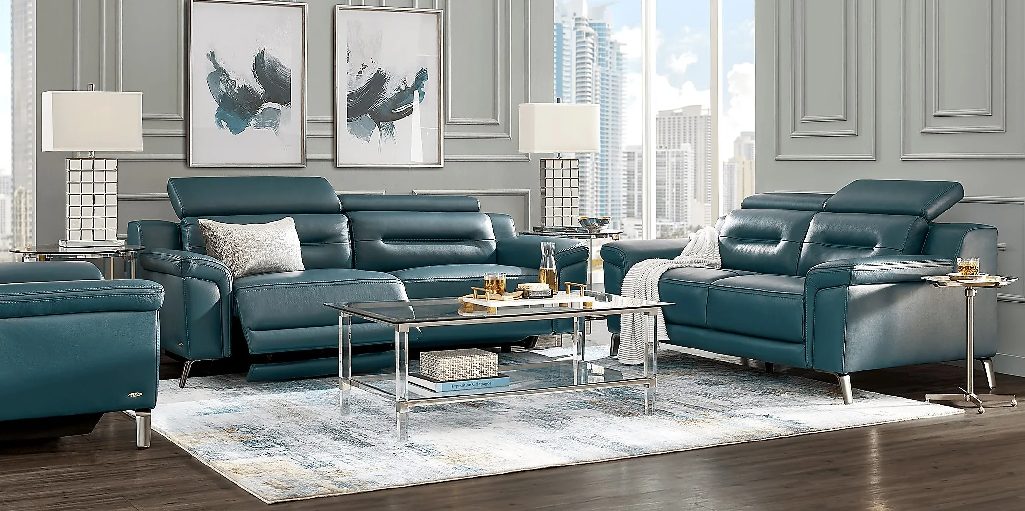 Castella Teal Leather 8 Pc Dual Power Reclining Living Room