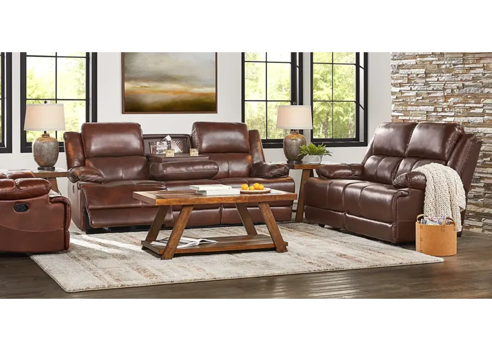 Montefano Brown Leather 6 Pc Living Room with Reclining Sofa