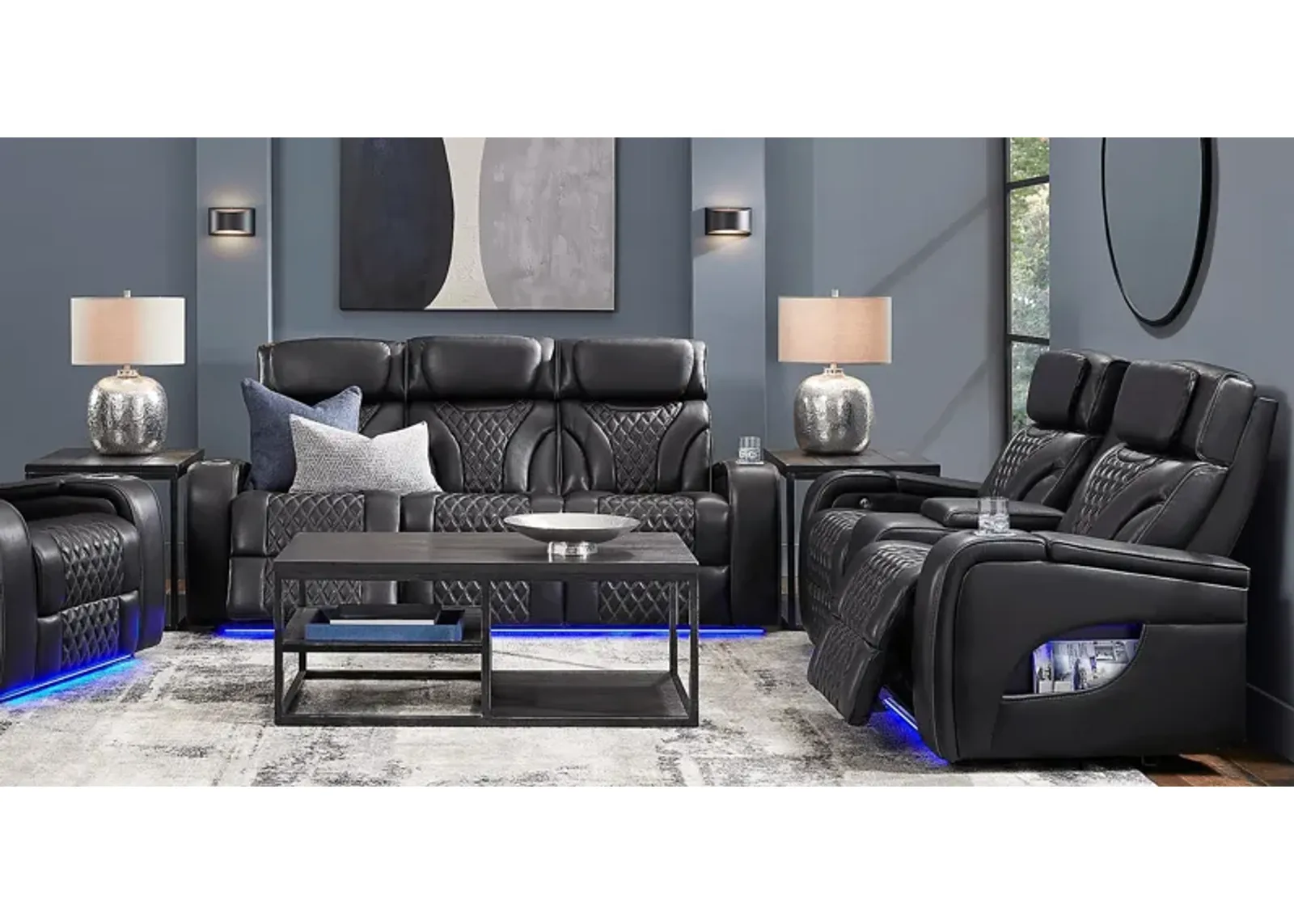 Horizon Ridge Black Leather 2 Pc Triple Power Reclining Living Room with Massage and Heat