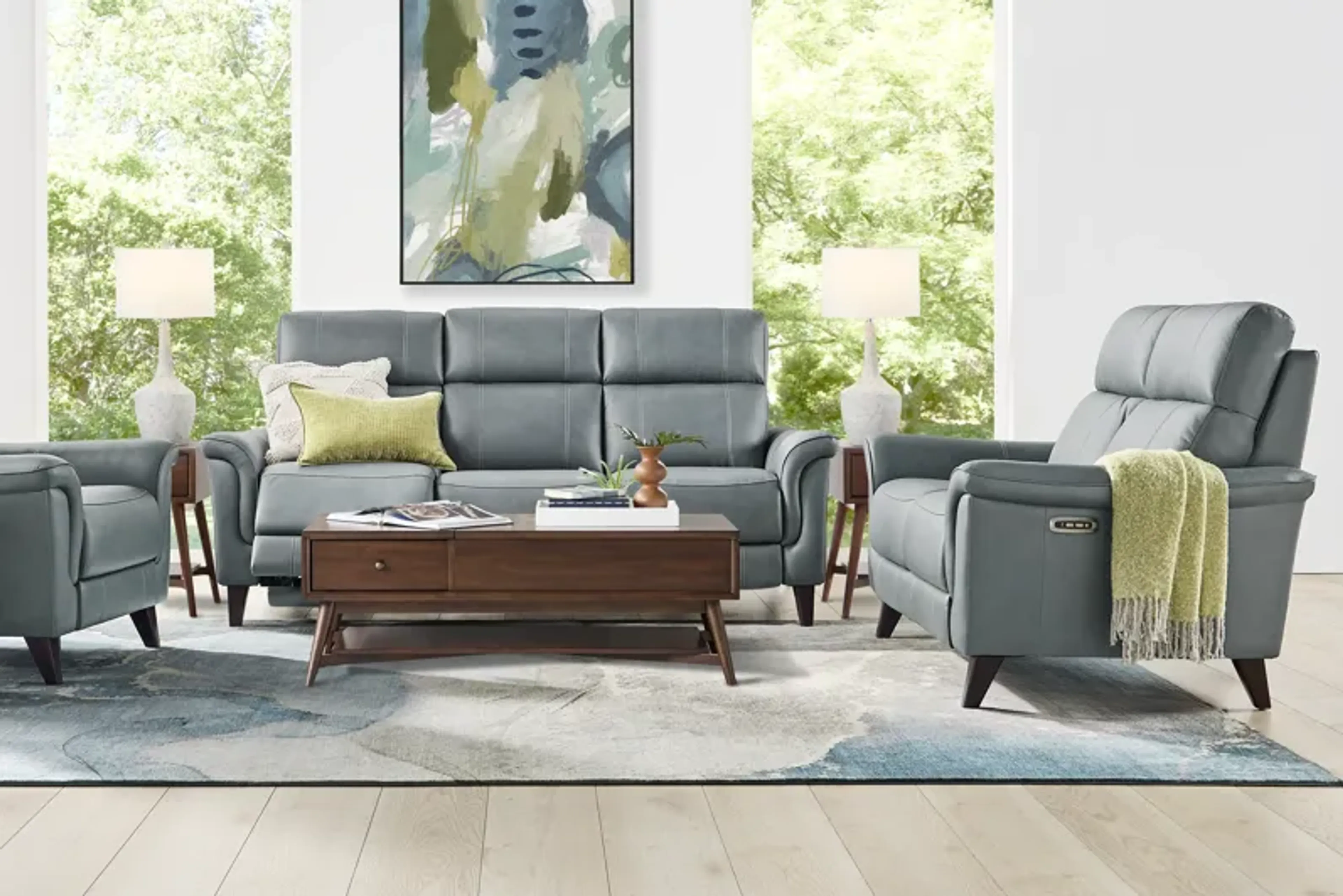 Pet a Portre (ペットアポルテ) LE LYSCALLA リボン付 Antonella Blue Leather 7 Pc Living Room with Dual Power Reclining