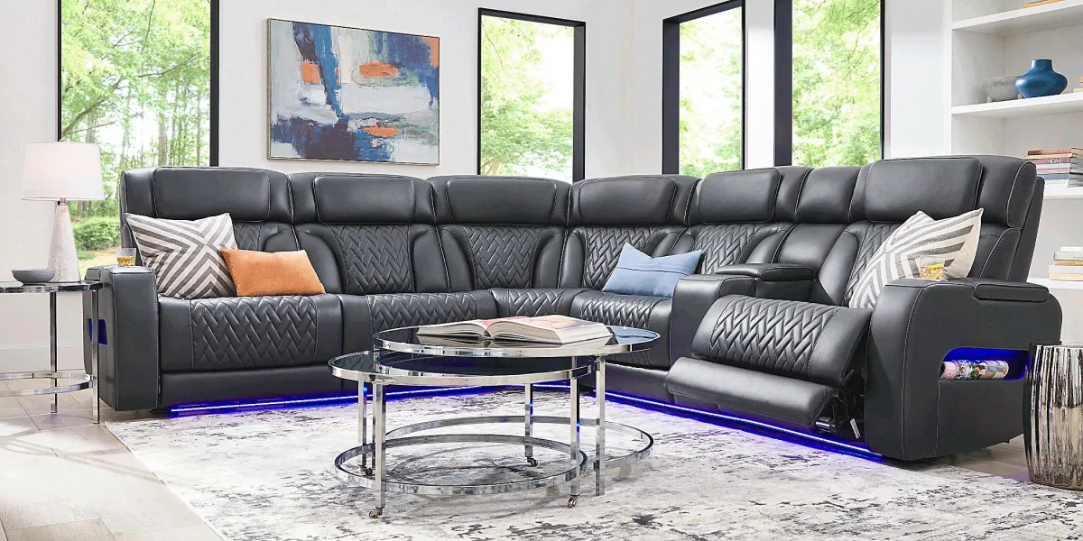 Encore Black Leather 6 Pc Triple Power Reclining Sectional Living Room