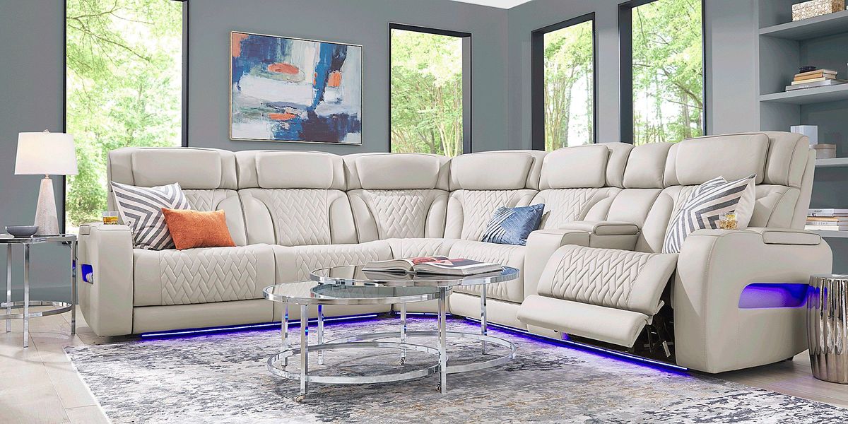 Encore Gray Leather 6 Pc Triple Power Reclining Sectional Living Room