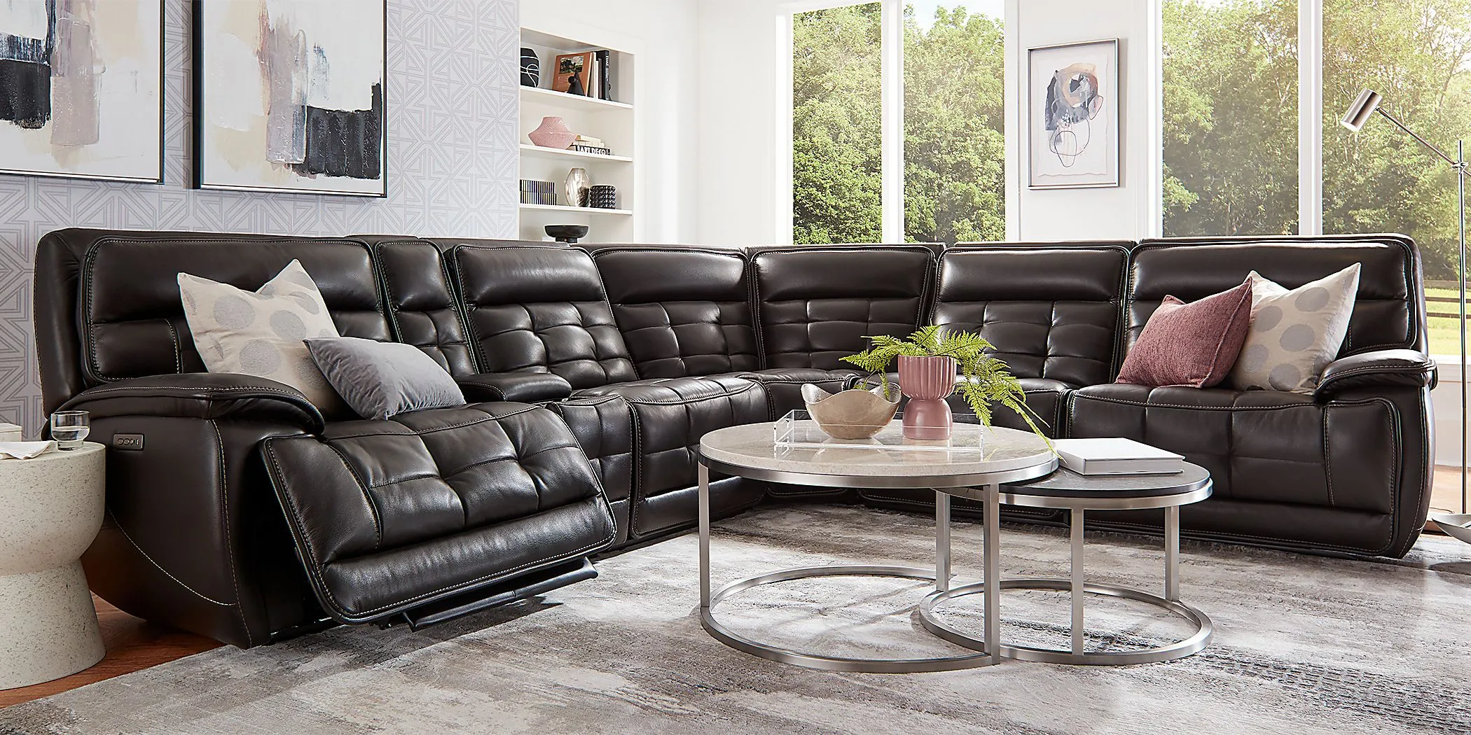 Pacific Heights Black Cherry Leather 9 Pc Dual Power Reclining Sectional Living Room