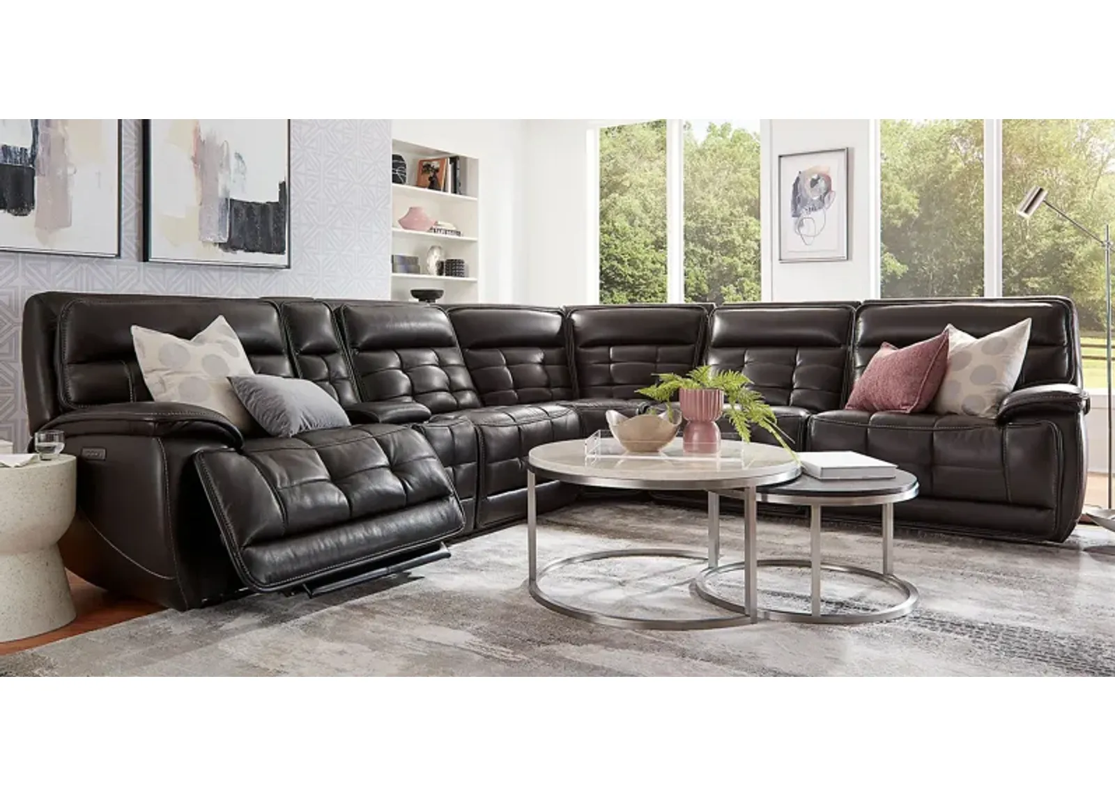 Pacific Heights Black Cherry Leather 9 Pc Dual Power Reclining Sectional Living Room