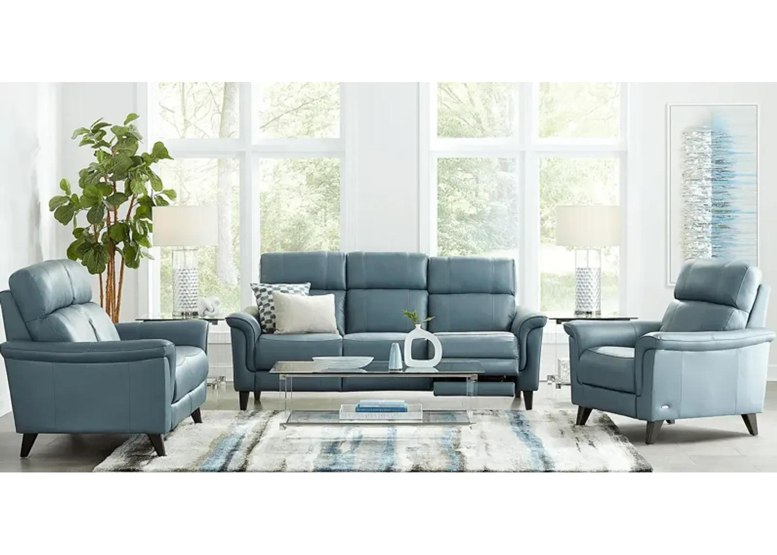 Avezzano Blue Leather 3 Pc Dual Power Reclining Living Room