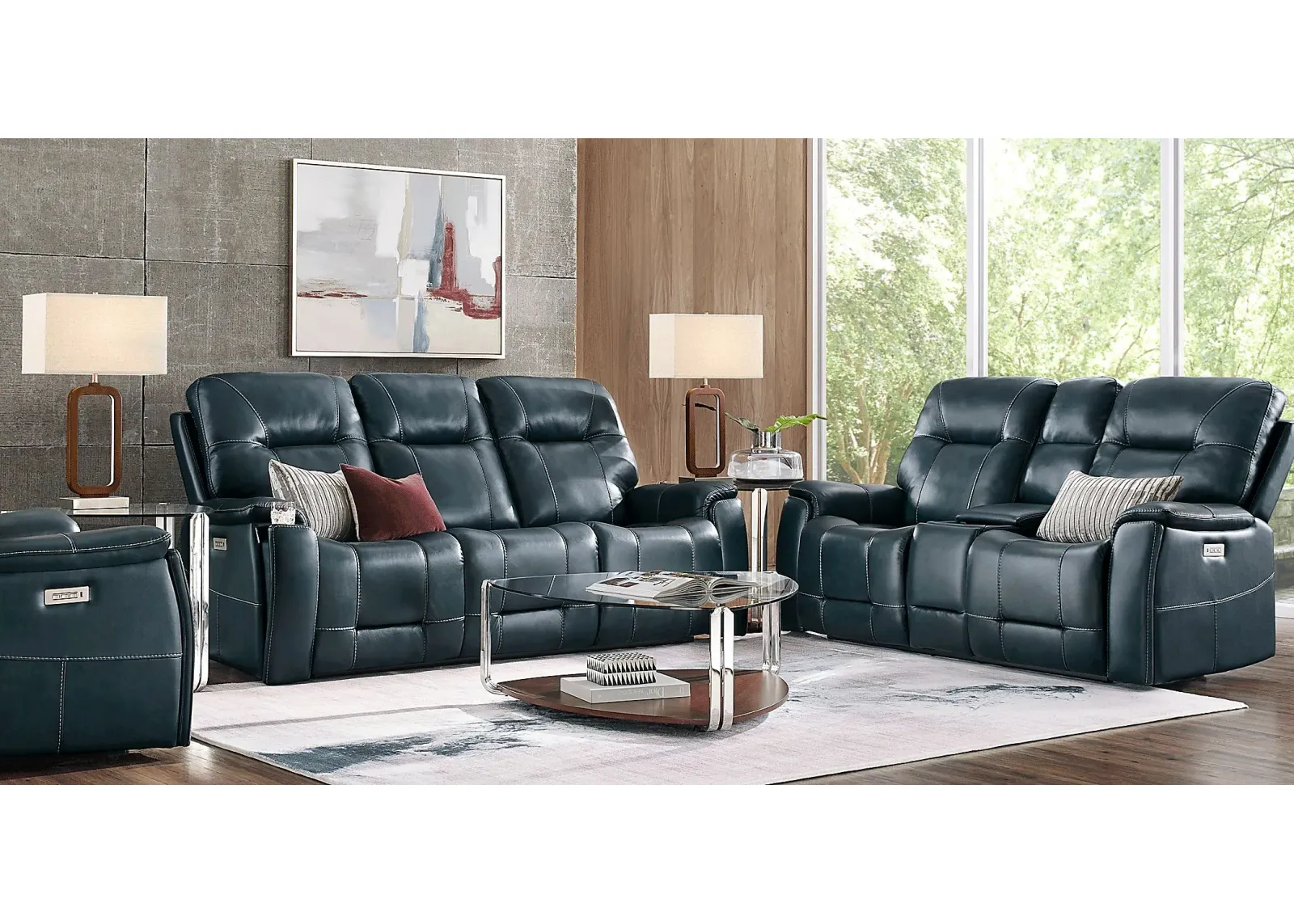 Matthews Cove Blue Leather 7 Pc Triple Power Reclining Living Room