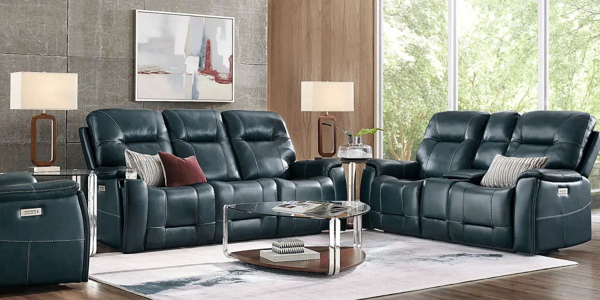 Matthews Cove Blue Leather 7 Pc Triple Power Reclining Living Room