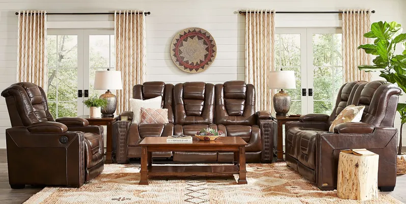 Renegade Brown Leather 5 Pc Living Room with Dual Power Reclining Sofa