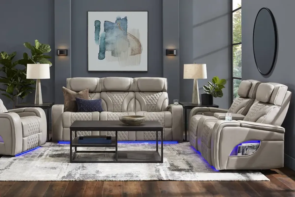 Horizon Ridge Beige Leather 3 Pc Triple Power Reclining Living Room with Massage and Heat