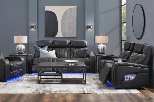 Horizon Ridge Black Leather 3 Pc Triple Power Reclining Living Room with Massage and Heat