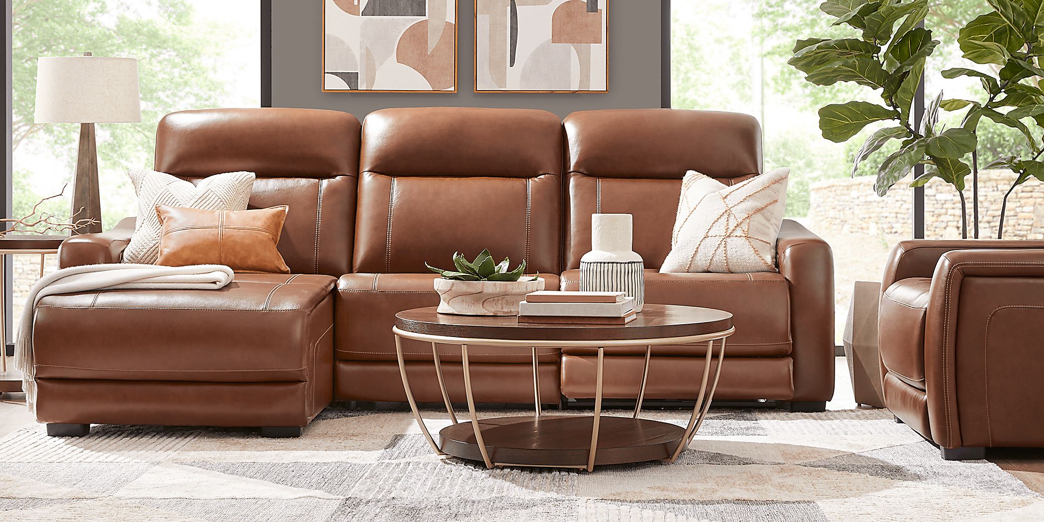 Newport Brown Leather 3 Pc Dual Power Reclining Sectional