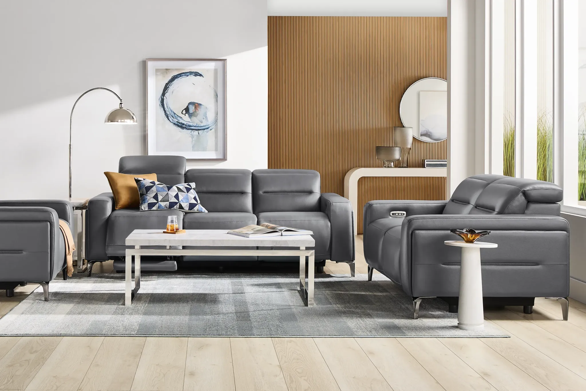 Amalfi Gray Leather 3 Pc Dual Power Reclining Living Room | Furniture.com