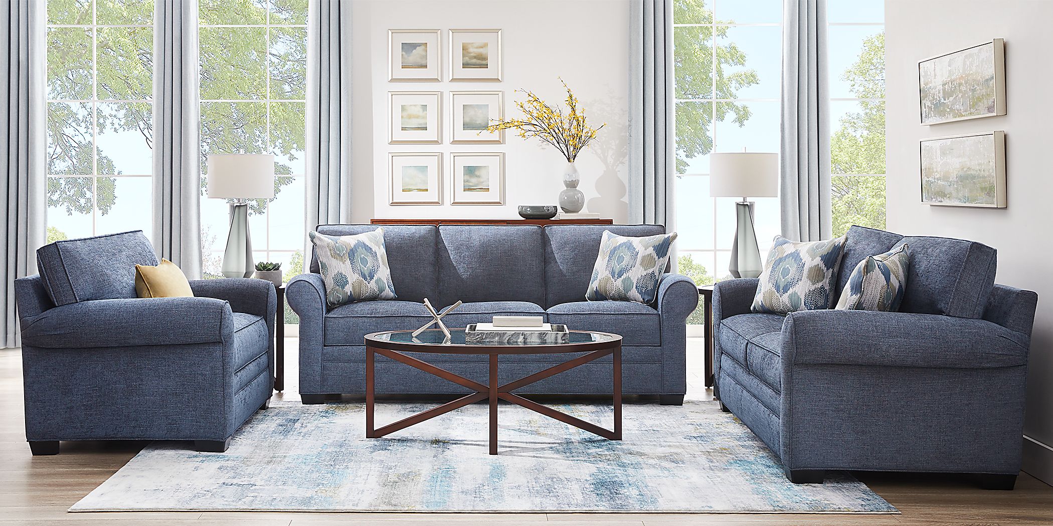 Bellingham Sapphire Textured Chenille 7 Pc Living Room with Sleeper Sofa