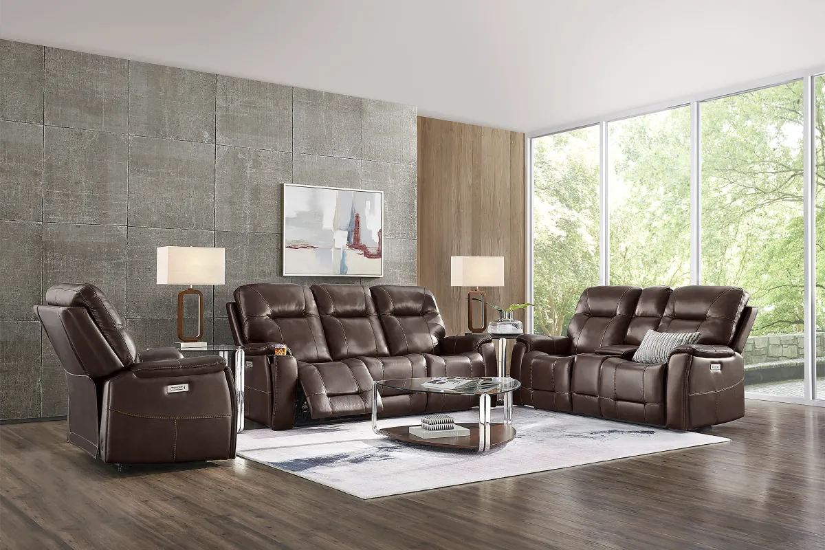 Matthews Cove Brown Leather 5 Pc Triple Power Reclining Living Room