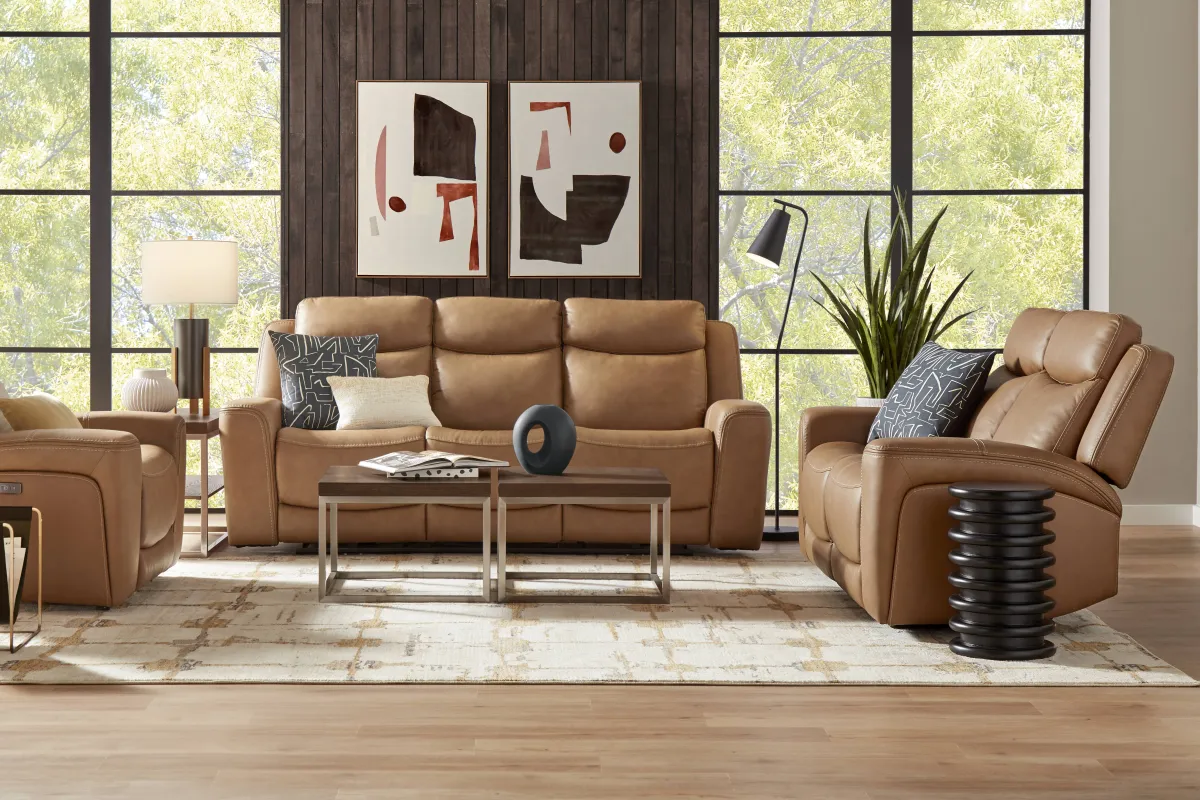 Davidson Caramel Leather 2 Pc Living Room with Dual Power Reclining Sofa