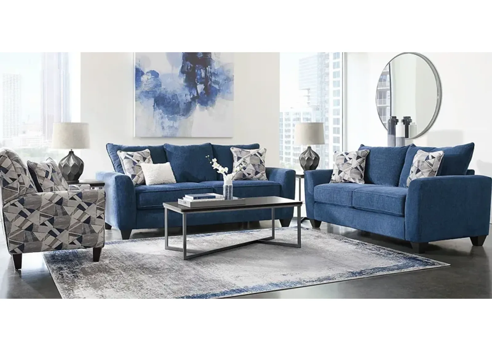 Sandia Heights Blue 7 Pc Living Room with Gel Foam Sleeper Sofa