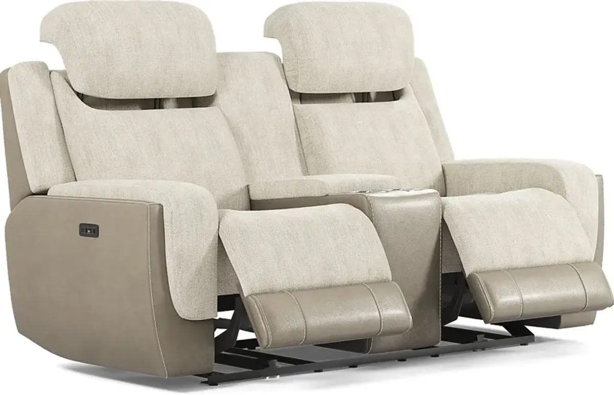 State Street Beige Dual Power Reclining Console Loveseat