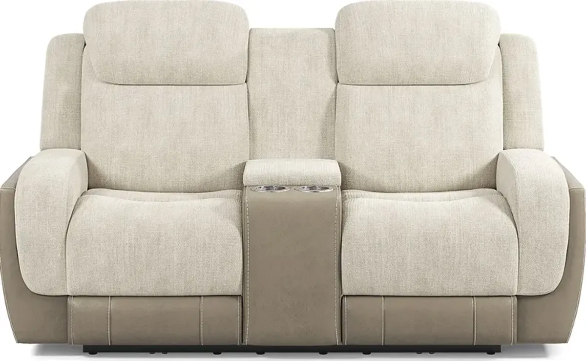 State Street Beige Dual Power Reclining Console Loveseat