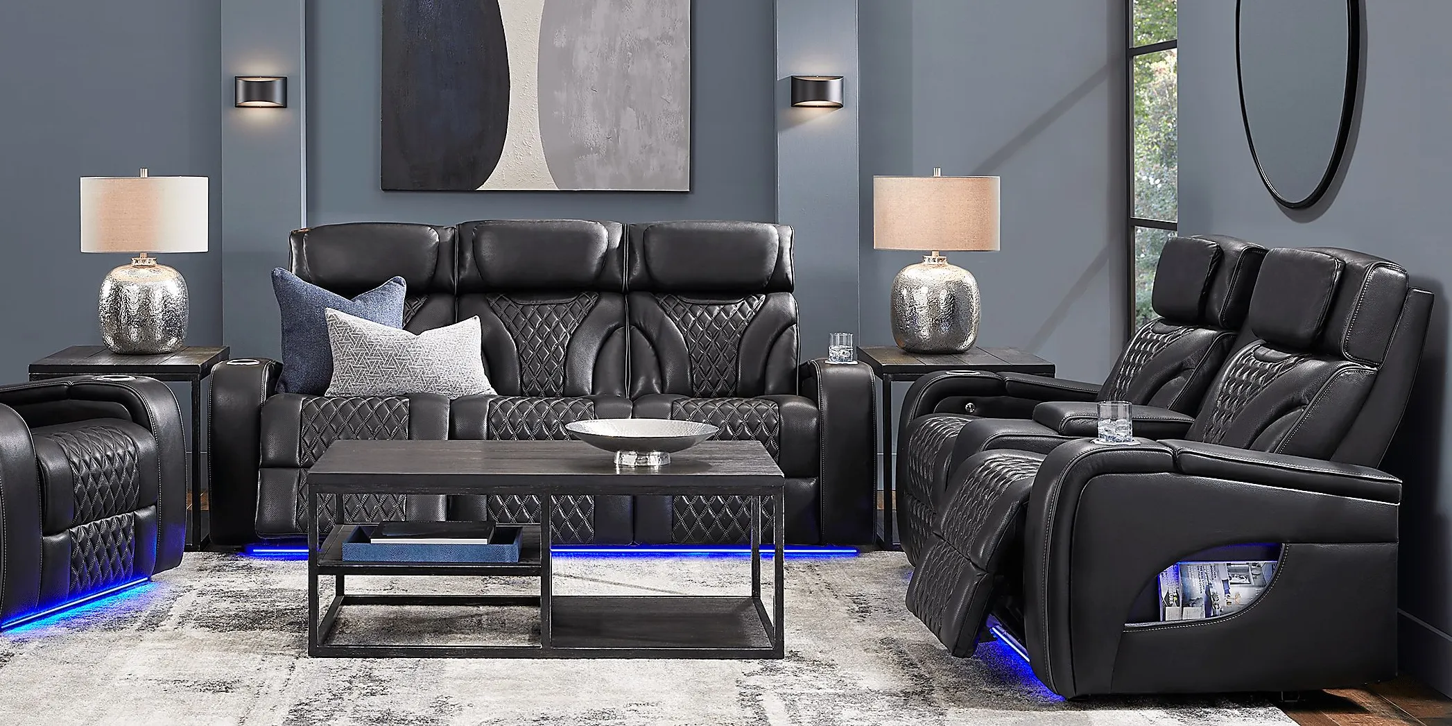 Horizon Ridge Black Leather 8 Pc Triple Power Reclining Living Room with Massage and Heat
