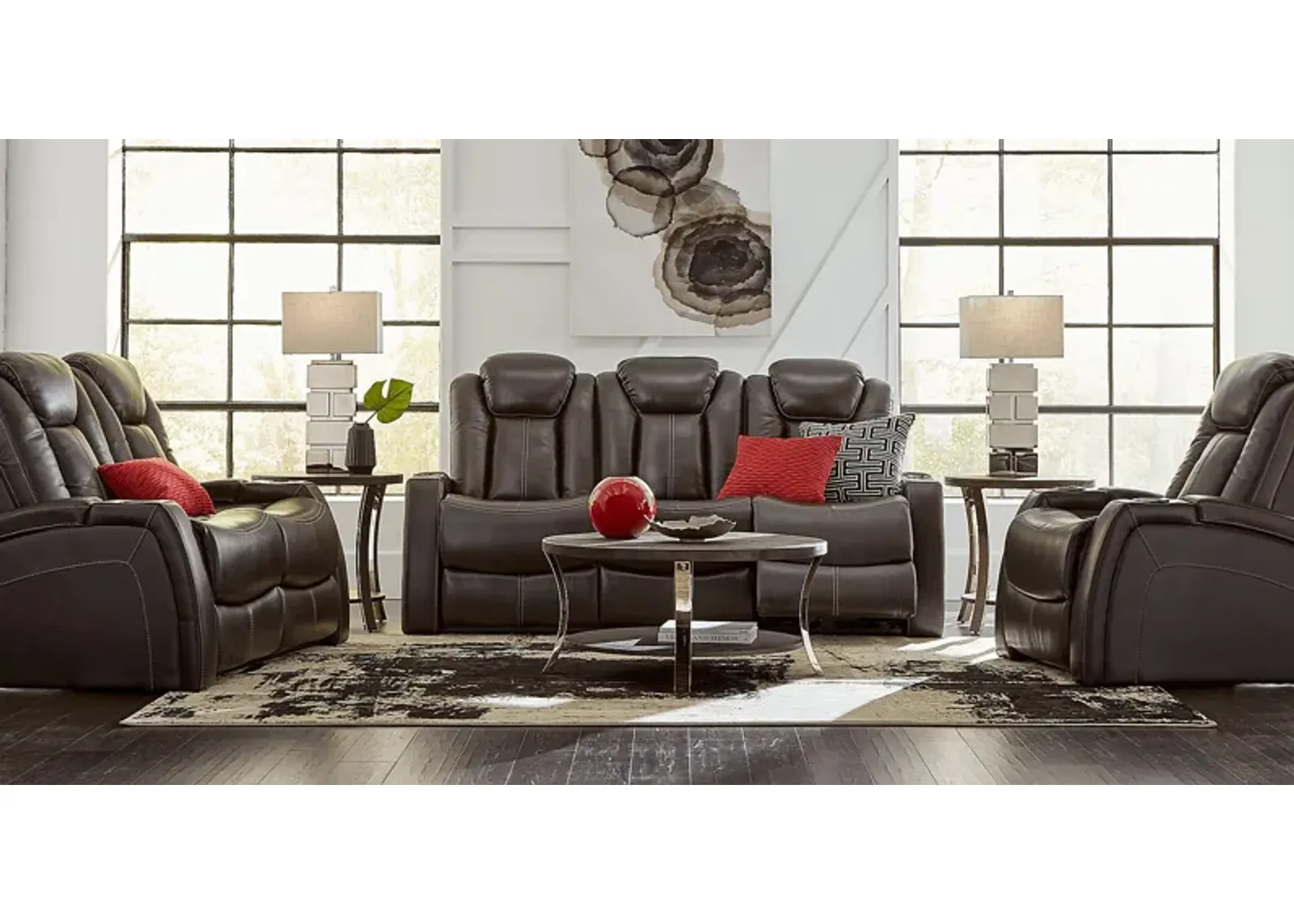 Moretti Brown Leather 7 Pc Living Room with Dual Power Reclining Sofa