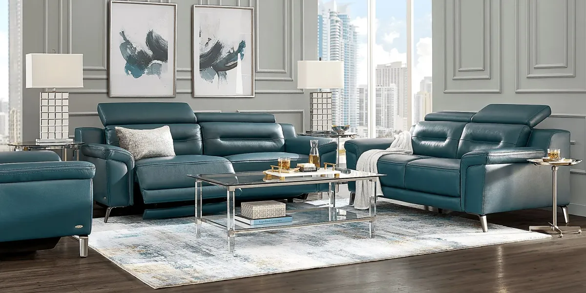 Castella Teal Leather 2 Pc Living Room with Dual Power Reclining Sofa