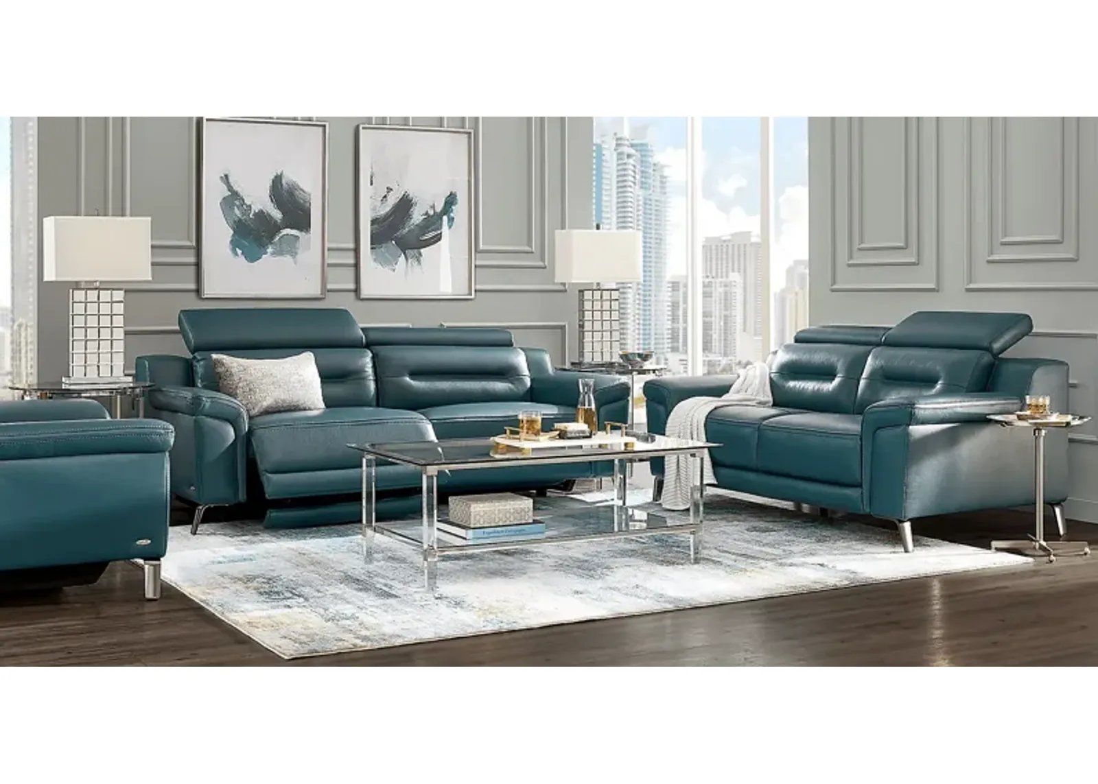 Castella Teal Leather 2 Pc Living Room with Dual Power Reclining Sofa