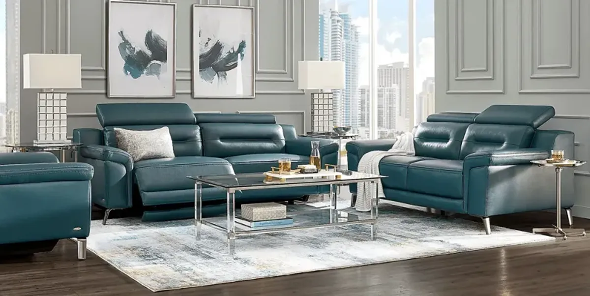 Castella Teal Leather 2 Pc Living Room with Dual Power Reclining Sofa