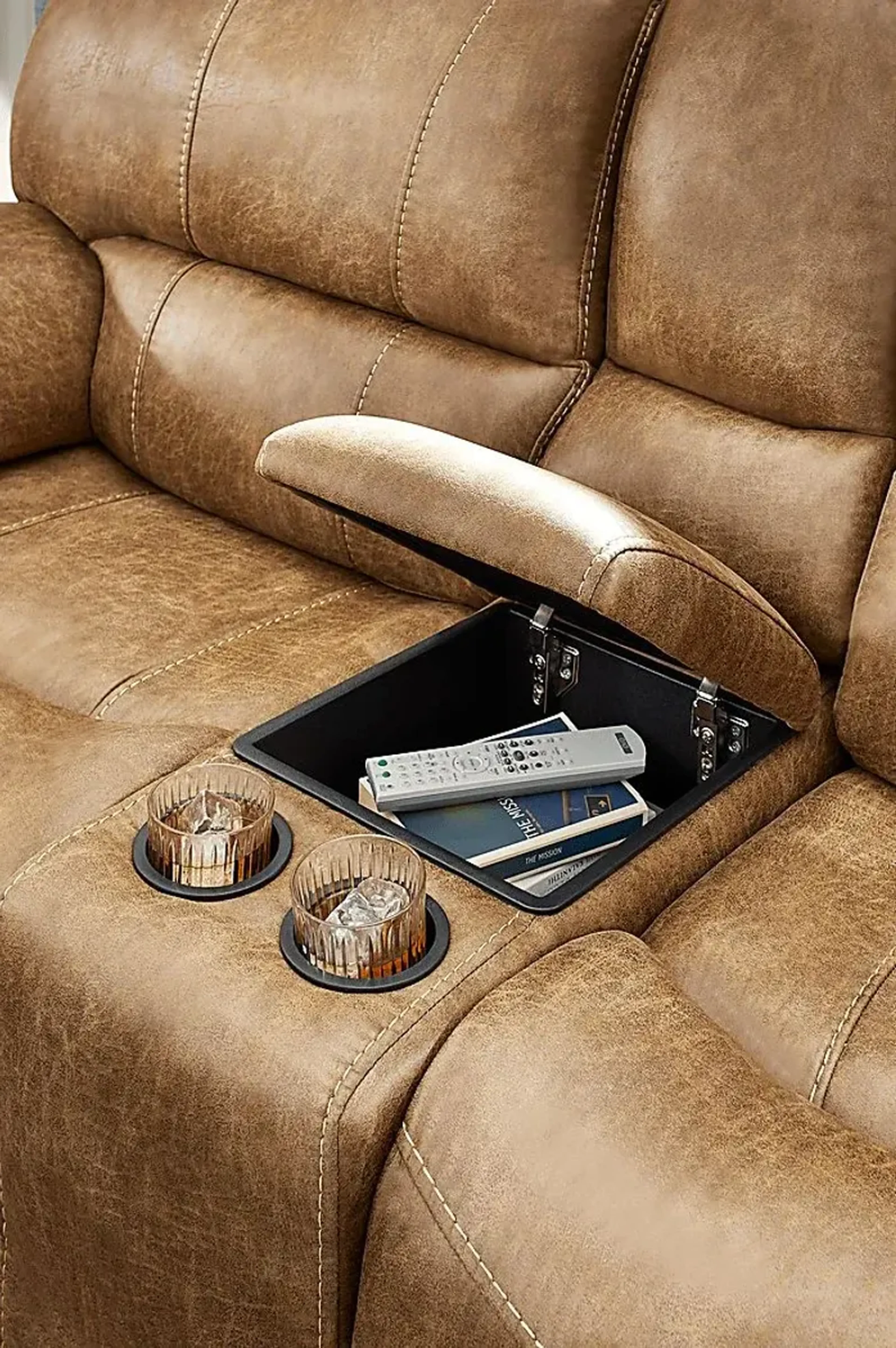 Cindy Crawford Home Alpen Ridge Tan Reclining Glider Console