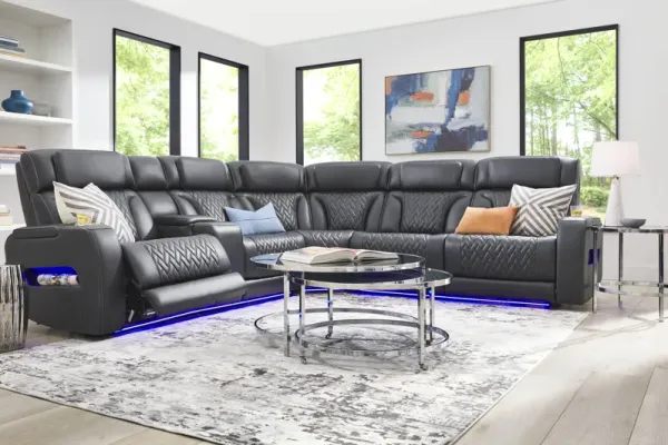 Encore Black Leather 6 Pc Triple Power Reclining Sectional Living Room