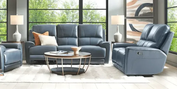 Fremont Blue Leather 2 Pc Living Room with Dual Power Reclining Sofa