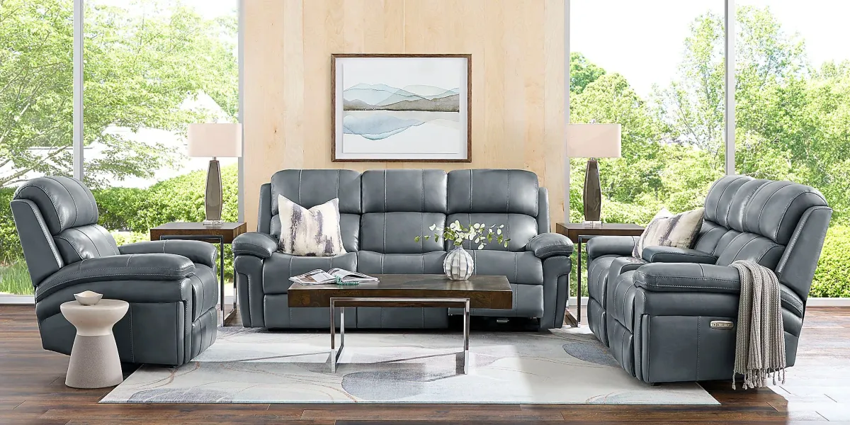 Trevino Lane Blue Leather 6 Pc Dual Power Reclining Living Room with Reclining Sofa