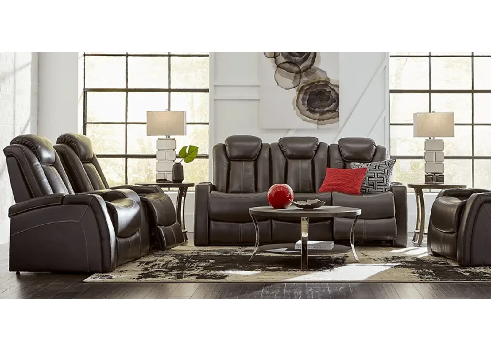 Moretti Brown Leather 8 Pc Dual Power Reclining Living Room