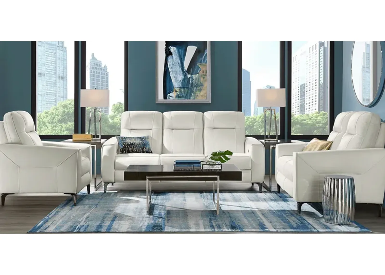 Parkside Heights White Leather 8 Pc Living Room w/Dual Power Reclining Sofa