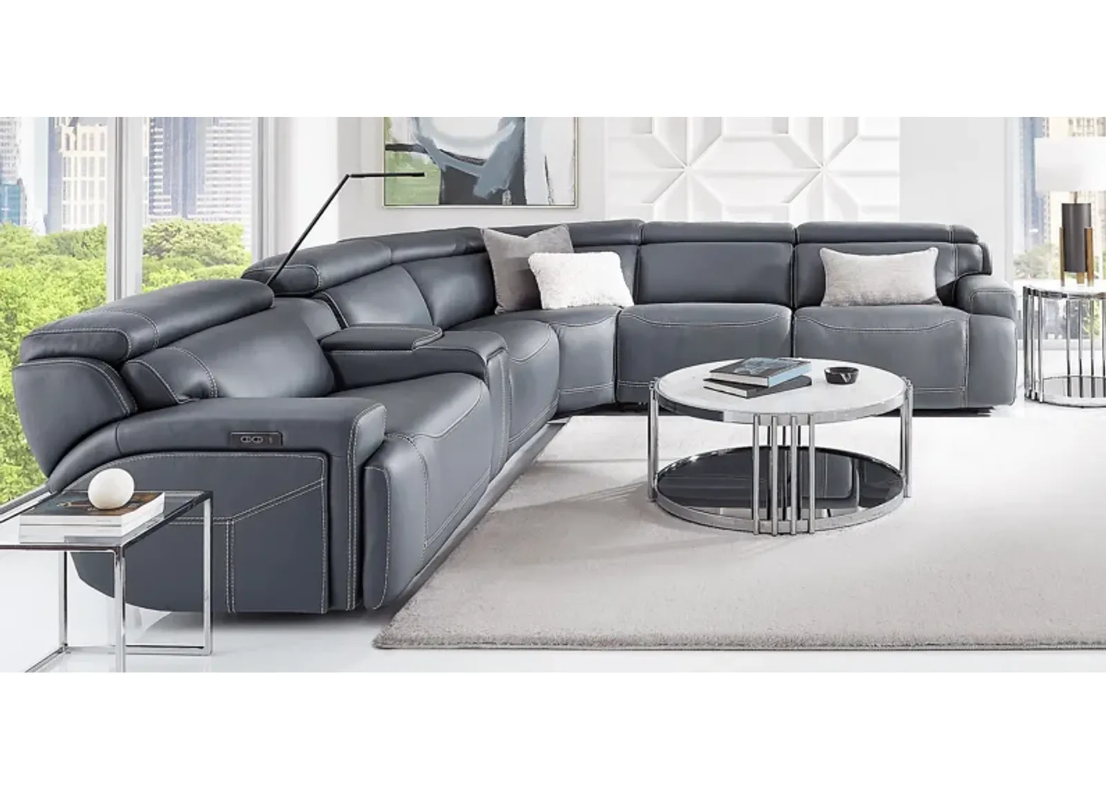 Alessio Navy Leather 9 Pc Dual Power Reclining Sectional Living Room