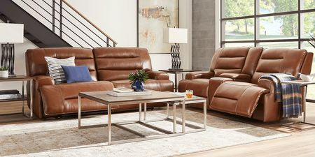 Davoli Caramel Leather 7 Pc Dual Power Reclining Living Room